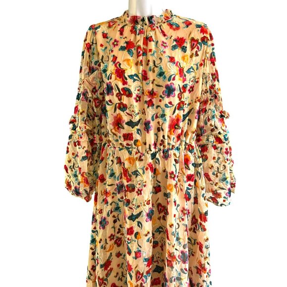 Bohemian Festival Multicolor Burnout Velvet Floral Midi Dress Ruffle Mock Neck - Picture 3 of 7